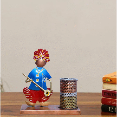 Decorative Metal Blue Men Pen Stand Handcrafted Desk Organizer Artistic Stationery Holder for Home Office Decor