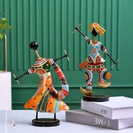 Cute Multicolor Dandiya Couple in Metal Handcrafted Decorative Showpiece for Home Table Decor Traditional Rajasthani Folk Art Figurines