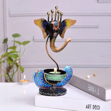 Decorative Metal Black Ganesh Lite Holder Elegant Handcrafted Tea Light Candle Stand for Home Office Decor